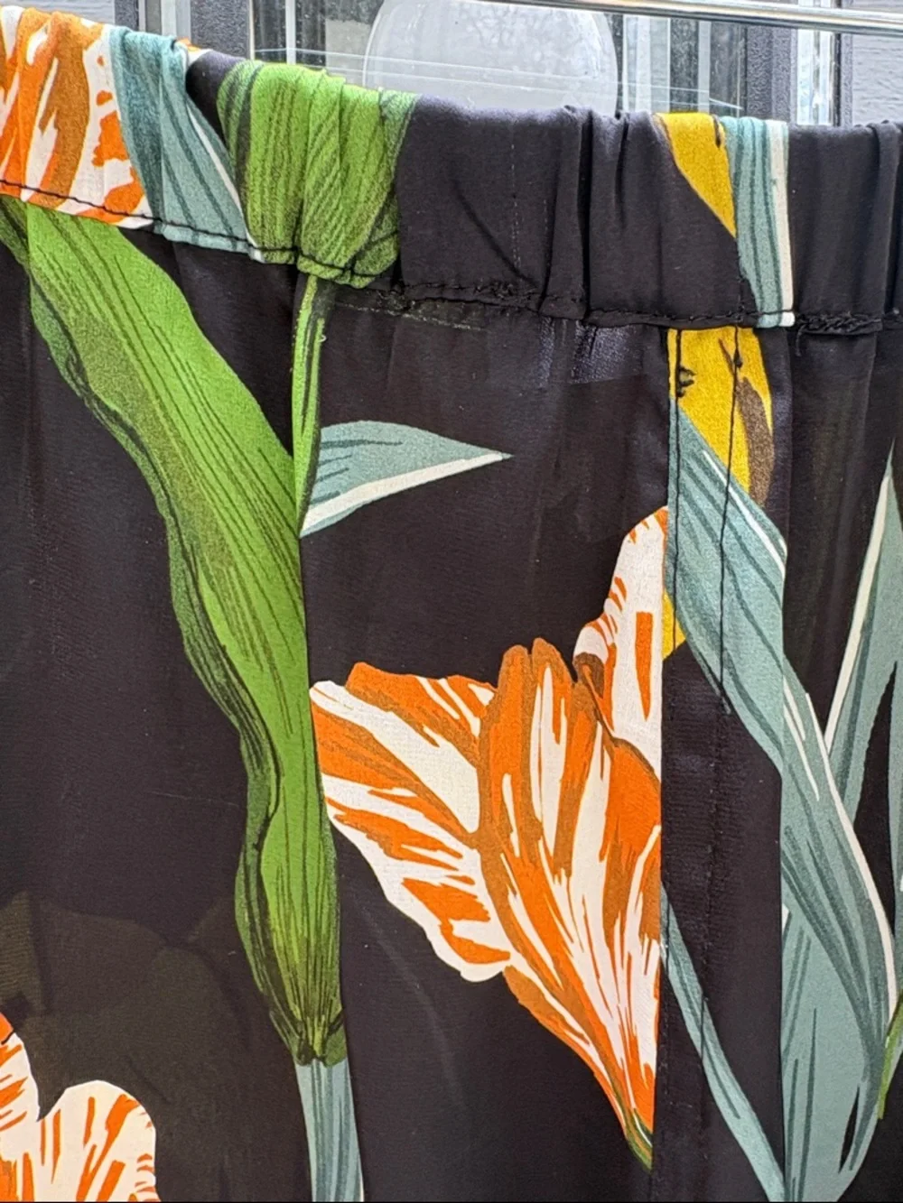 Black Floral Wide-Leg Pants with Yellow & Orange Tulips - Picture 7 of 10